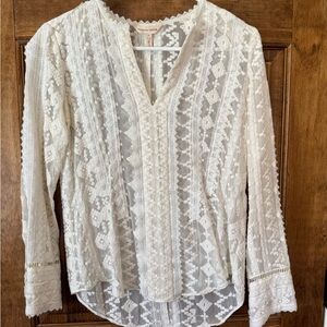 Rebecca Taylor White Lace Split-Neck Blouse